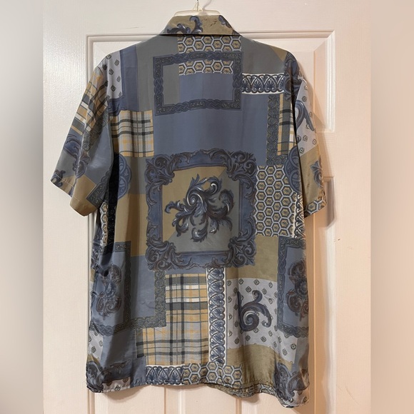 Satin Blue Button Down Shirt withh Flo Print - Picture 2 of 8